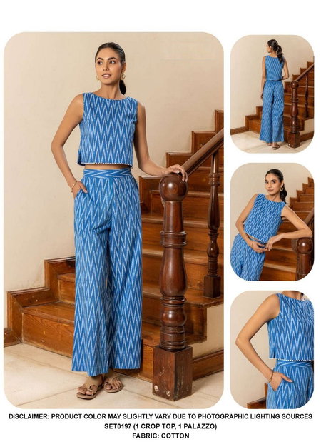SET0197 Ladies Cotton Blue Printed Cord Set Wholesale Market In Surat
